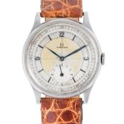 A RARE GENTLEMAN'S OVER SIZE STAINLESS STEEL OMEGA WRIST WATCH CIRCA 1939, WITH TWO TONE SECTOR DIAL