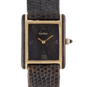 A RARE GENTLEMAN'S SIZE GOLD PLATED & BRAZILIAN ROSEWOOD CARTIER TANK WRIST WATCH CIRCA 1975, 