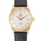 A GENTLEMAN'S SIZE 18K SOLID OMEGA CONSTELLATION CHRONOMETER WRIST WATCH CIRCA 1960, WITH SILVER 