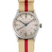 A RARE GENTLEMAN'S SIZE STAINLESS STEEL BRITISH MILITARY LONGINES WRIST WATCH CIRCA 1944, THOUGHT TO