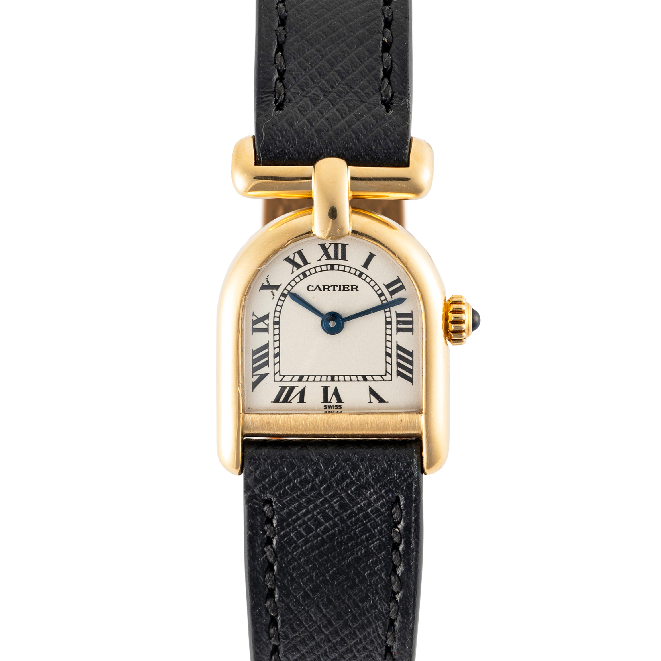 A LADY'S 18K SOLID GOLD CARTIER CLOCHE CALANDRE WRIST WATCH CIRCA 1990, REF. 6603 Movement: