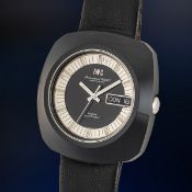 A RARE GENTLEMAN'S SIZE BLACK CERAMIC & STAINLESS STEEL IWC EDISON ELECTRONIC WRIST WATCH DATED