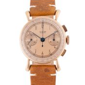 A GENTLEMAN'S SIZE 18K SOLID PINK GOLD LUSINA CHRONOGRAPH WRIST WATCH CIRCA 1940s Movement: Manual