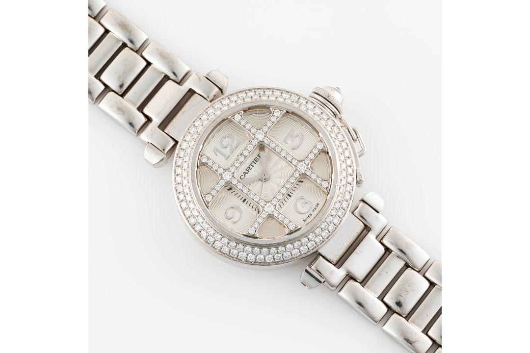 A LADY'S FINE 18K SOLID WHITE GOLD DIAMOND CARTIER PASHA GRILL AUTOMATIC BRACELET WATCH CIRCA - Image 4 of 9