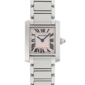 A LADY'S STAINLESS STEEL CARTIER TANK FRANCAISE BRACELET WATCH DATED 2007, REF. 2384 WITH PINK