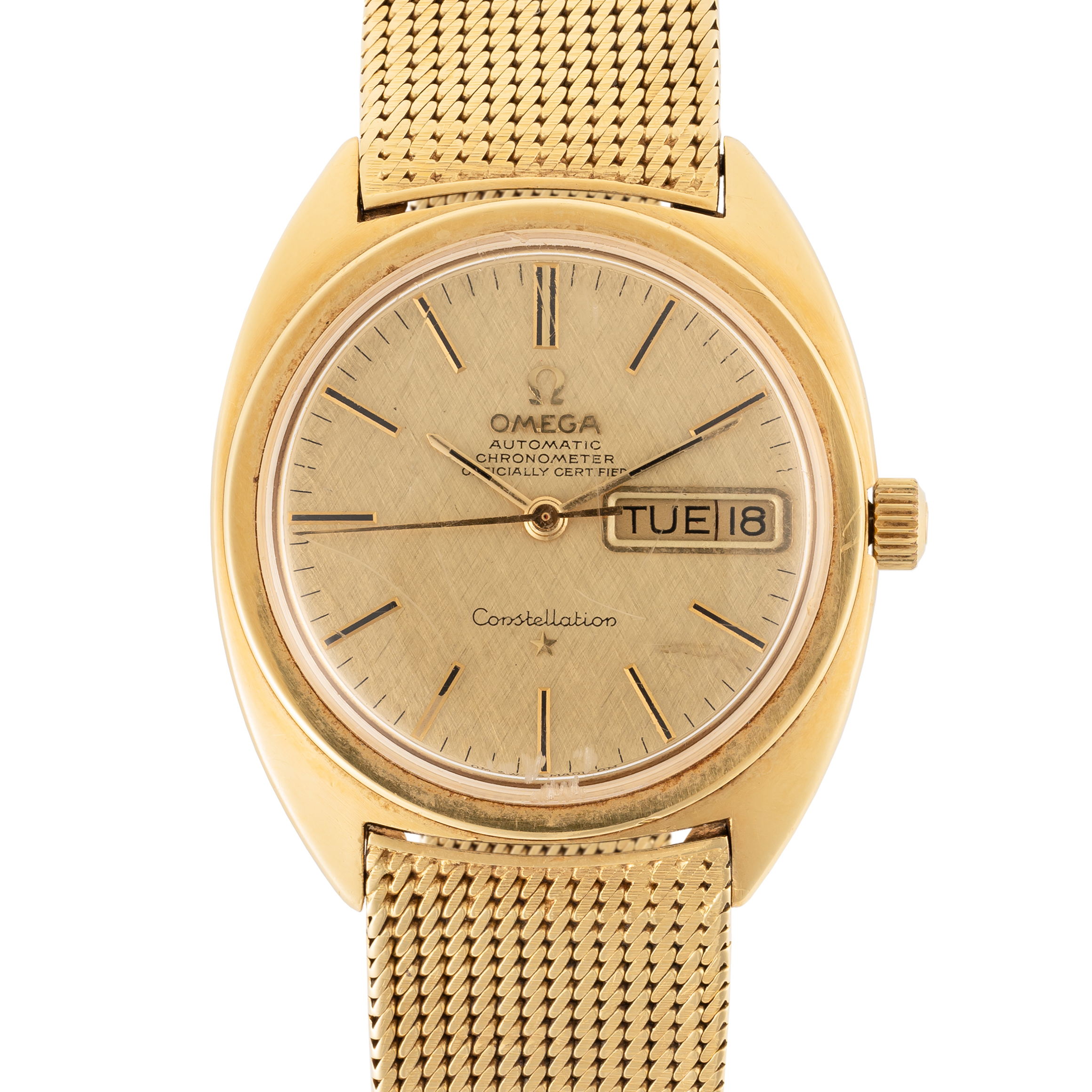 A GENTLEMAN'S SIZE 18K SOLID GOLD OMEGA CONSTELLATION AUTOMATIC CHRONOMETER DAY DATE BRACELET