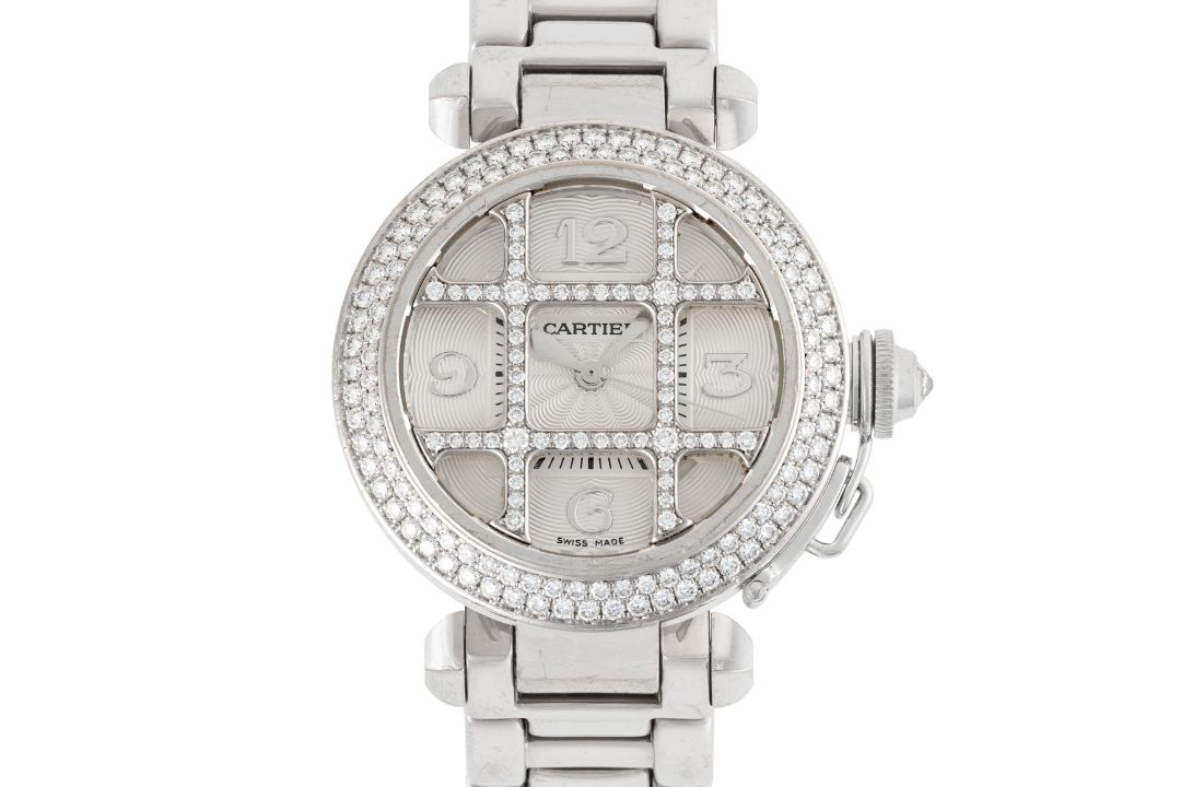 A LADY'S FINE 18K SOLID WHITE GOLD DIAMOND CARTIER PASHA GRILL AUTOMATIC BRACELET WATCH CIRCA - Image 1 of 9