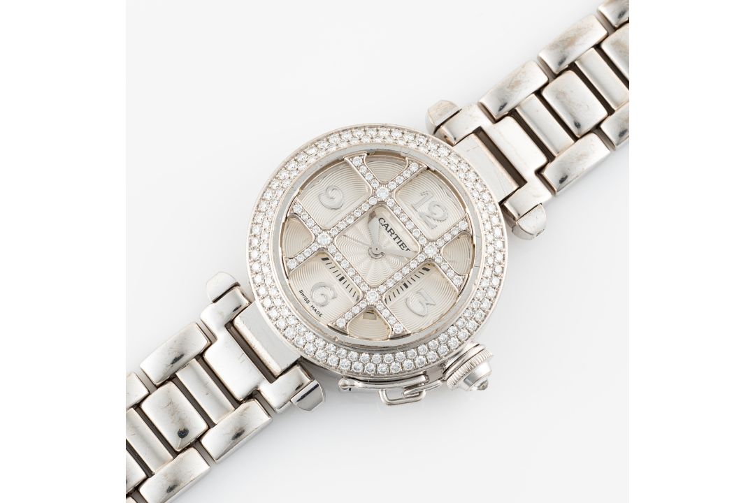 A LADY'S FINE 18K SOLID WHITE GOLD DIAMOND CARTIER PASHA GRILL AUTOMATIC BRACELET WATCH CIRCA - Image 3 of 9
