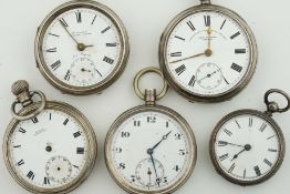*NO RESERVE* GROUP OF ANTIQUE SILVER POCKET WATCHES, group of 5 pocket watches, silver cases,