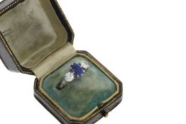 A Vintage Sapphire and Diamond Three Stong Ring in Platinum Circa 1950's, comes in original box,