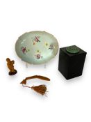 A group of Chinese items and a 19th century mahogany and satinwood clock case