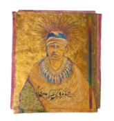 Stan Natchez (Shoshone/Paiute, b.1954),Navajo in head dress against gold wearing a one dollar blanke