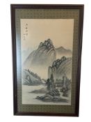 Chinese School, mid 20th century Three landscape paintings on silk together with a framed print