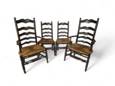 A set of four early 20th century continental oak ladderback dining chairs including a pair of open a