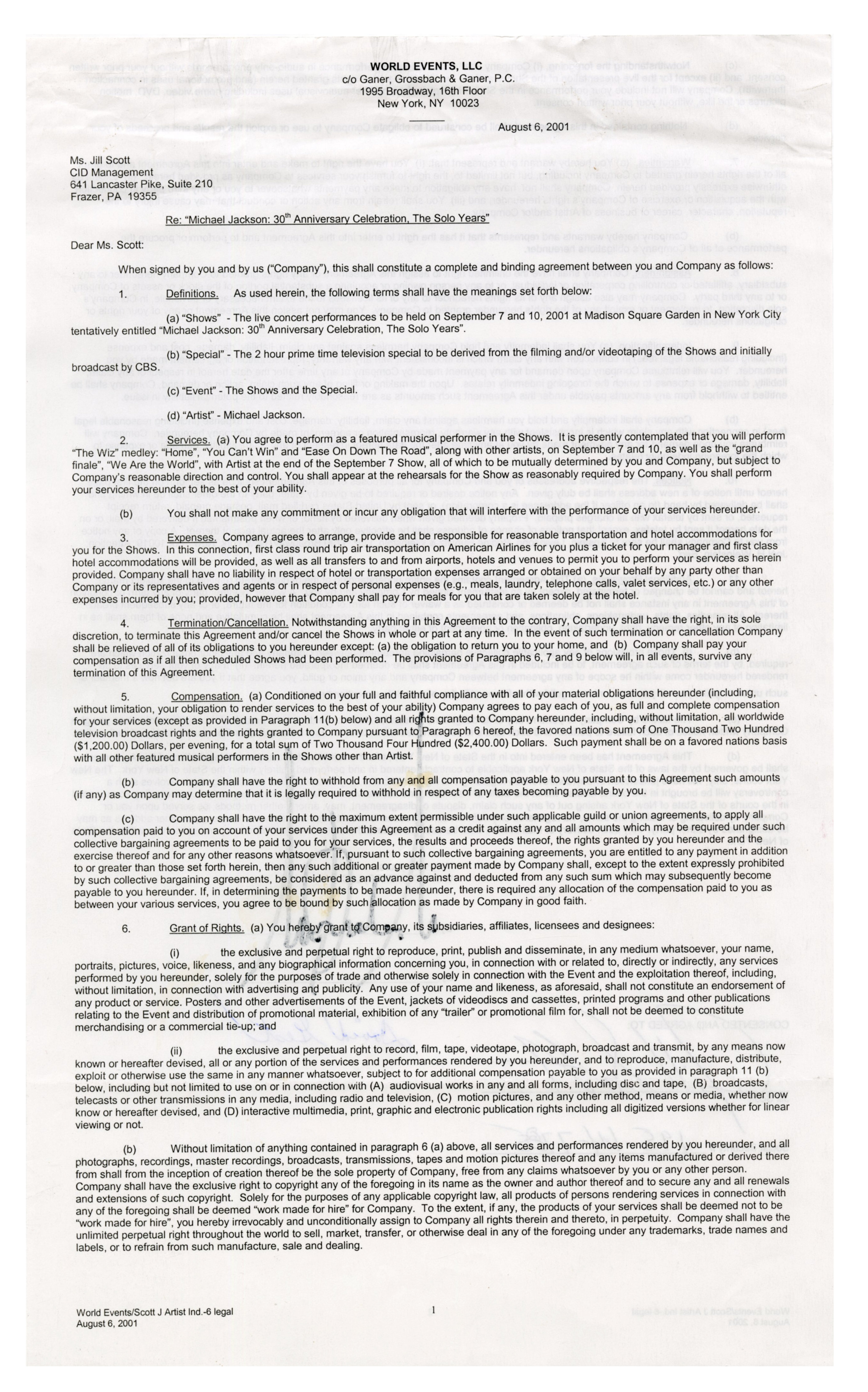 Michael Jackson 2001 Signed 30th Anniversary Madison Square Garden Performance Contract (USA) - Image 2 of 4