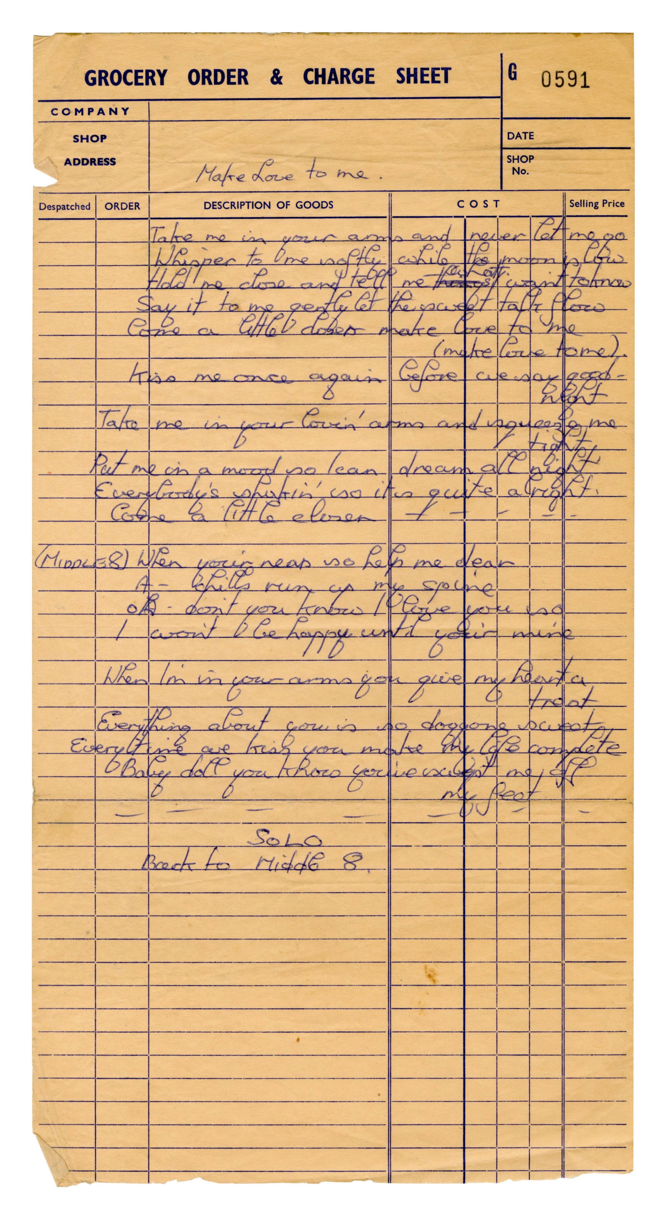 Roy Wood Handwritten Make Love To Me Lyrics (UK)