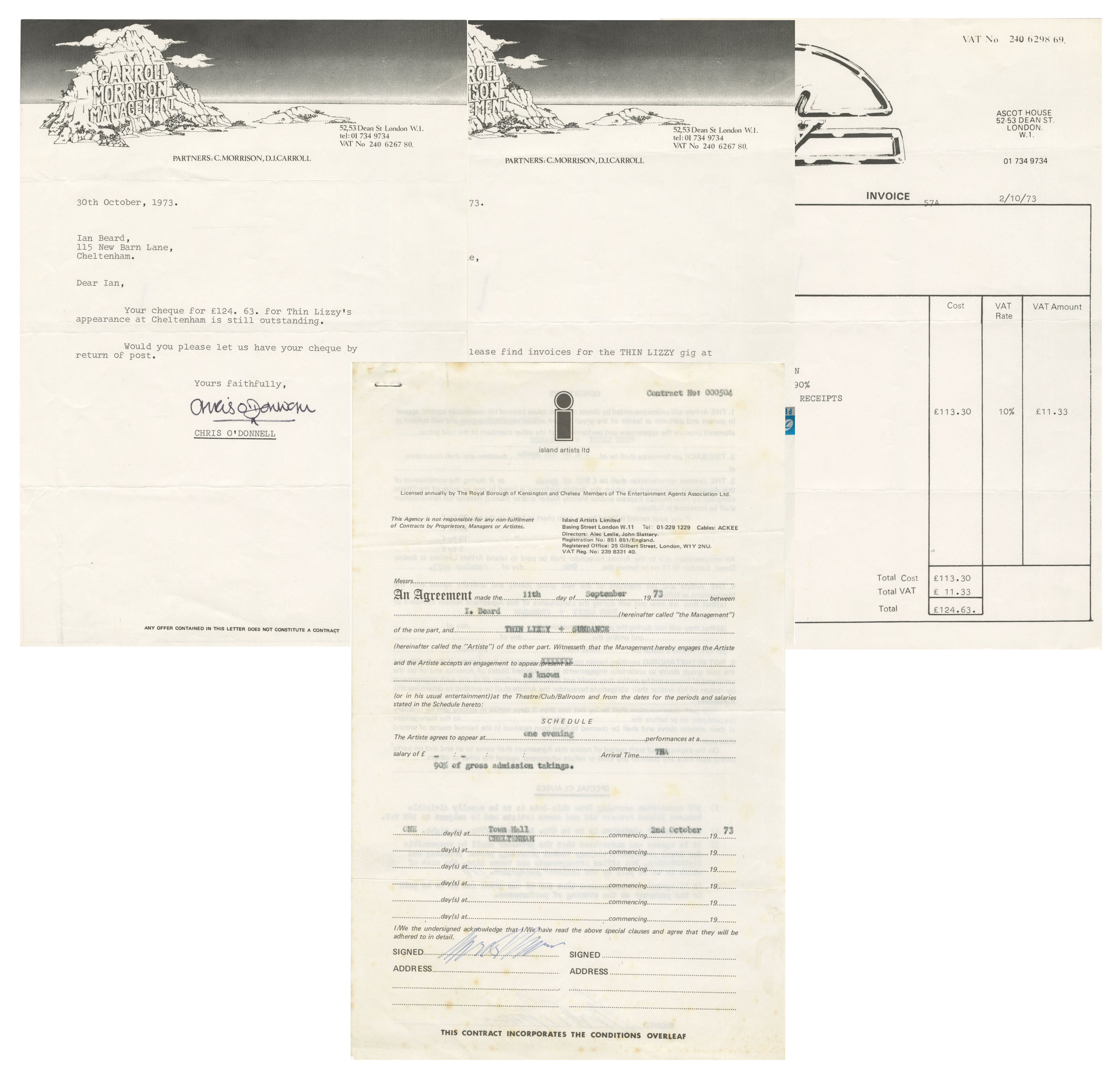 Thin Lizzy Town Hall Cheltenham Performance Contract & Correspondence (UK)