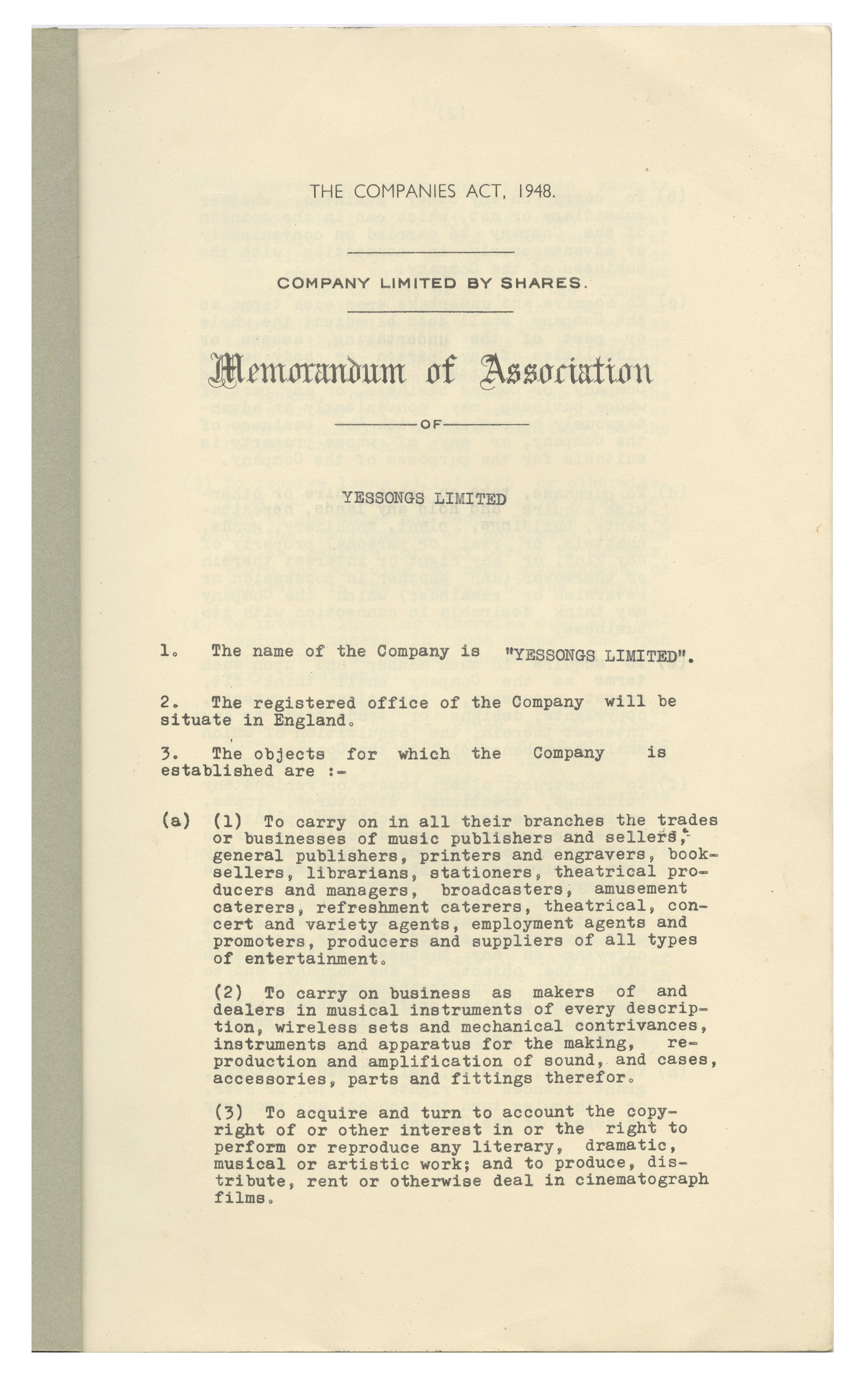 Yessongs 1968 Memorandum & Articles of Association (UK) - Image 2 of 2