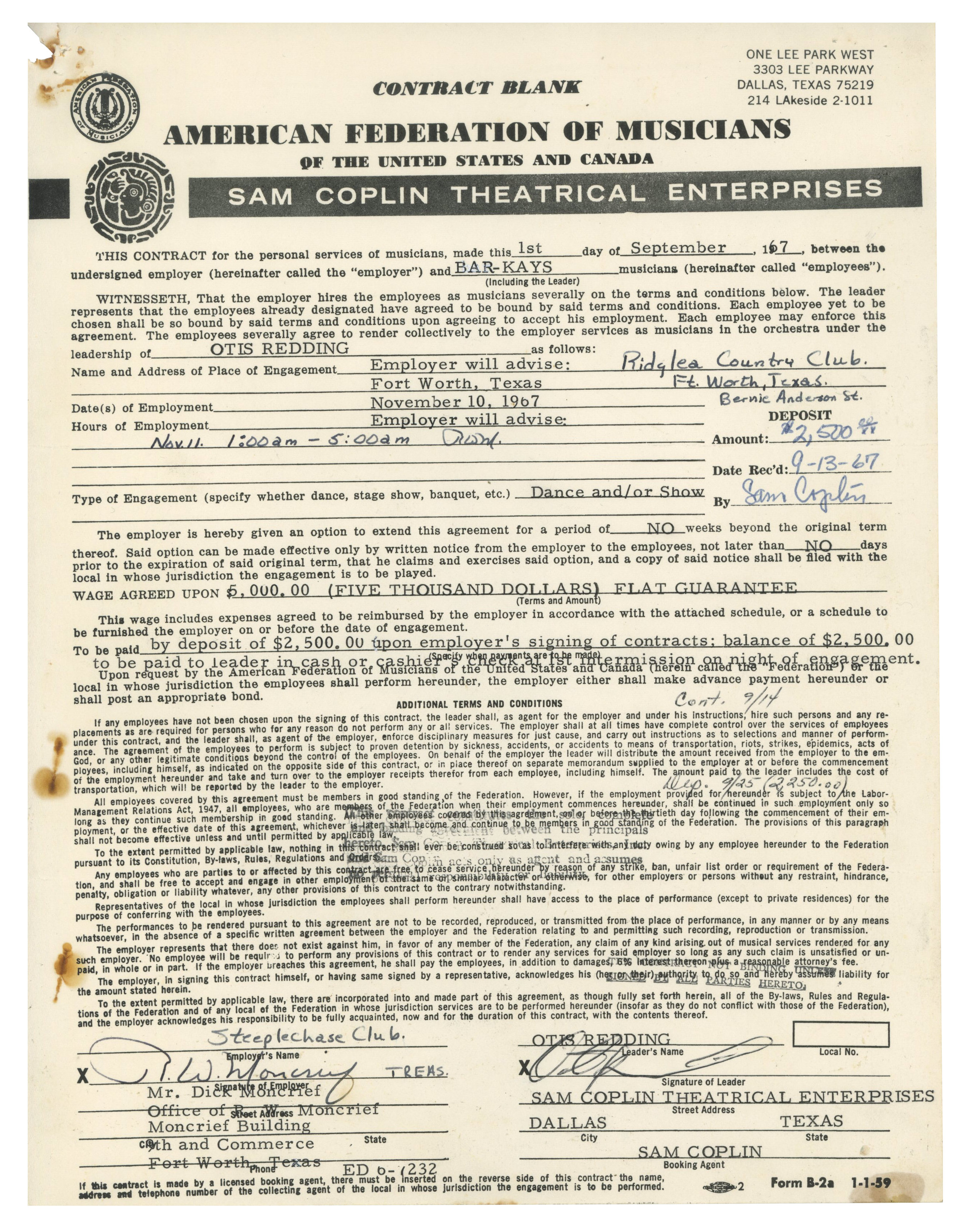 Otis Redding 1967 Ridglea Country Club Texas Performance Contract (UK)