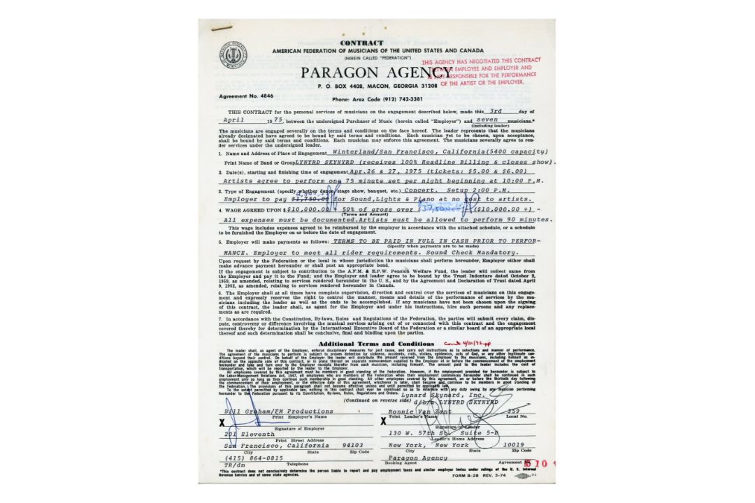 Lynyrd Skynyrd 1975 Winterland San Francisco Performance Contract (USA)