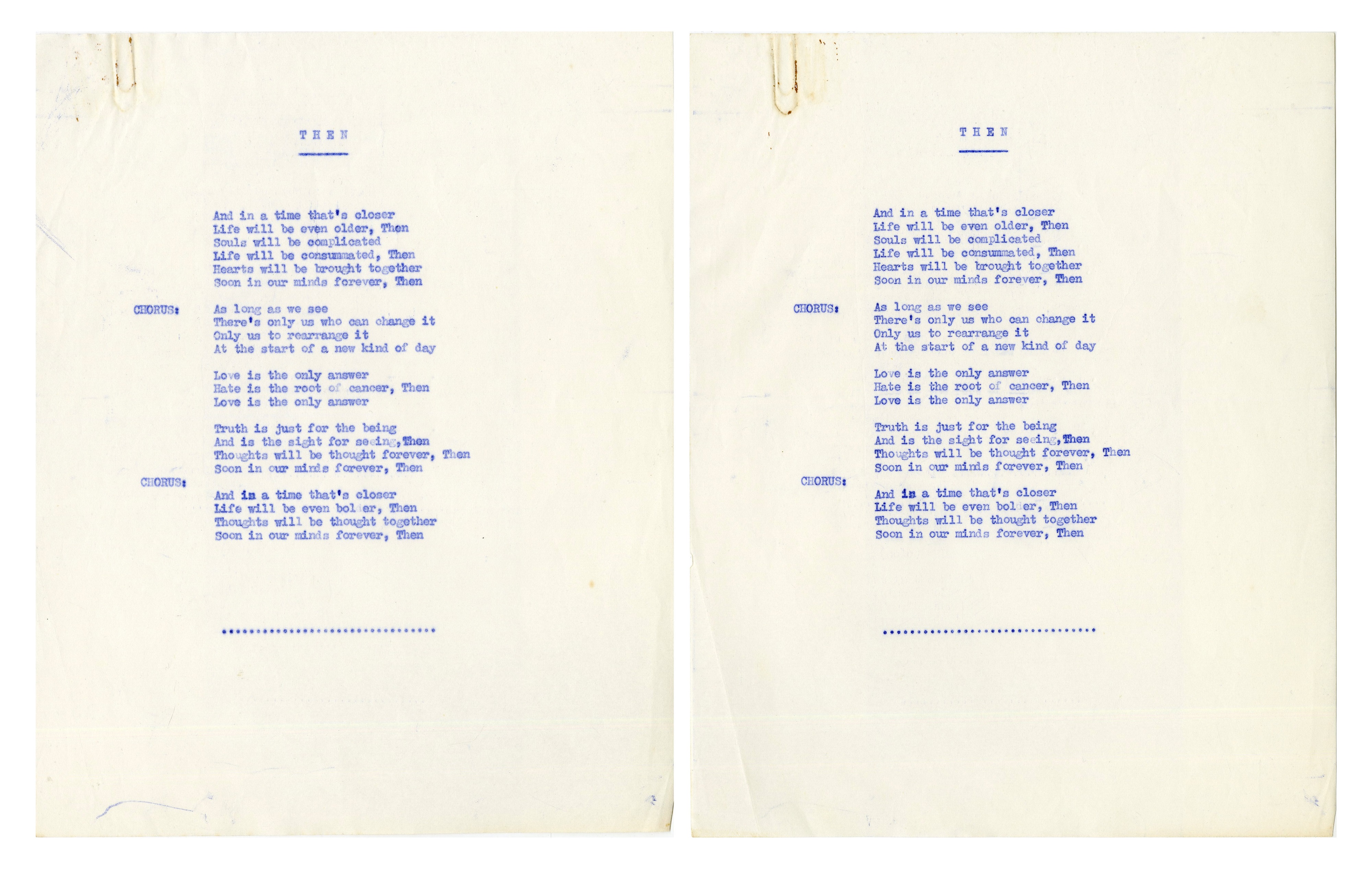 Jon Anderson Handwritten Lyrics For Then Lyrics Etc. (UK)