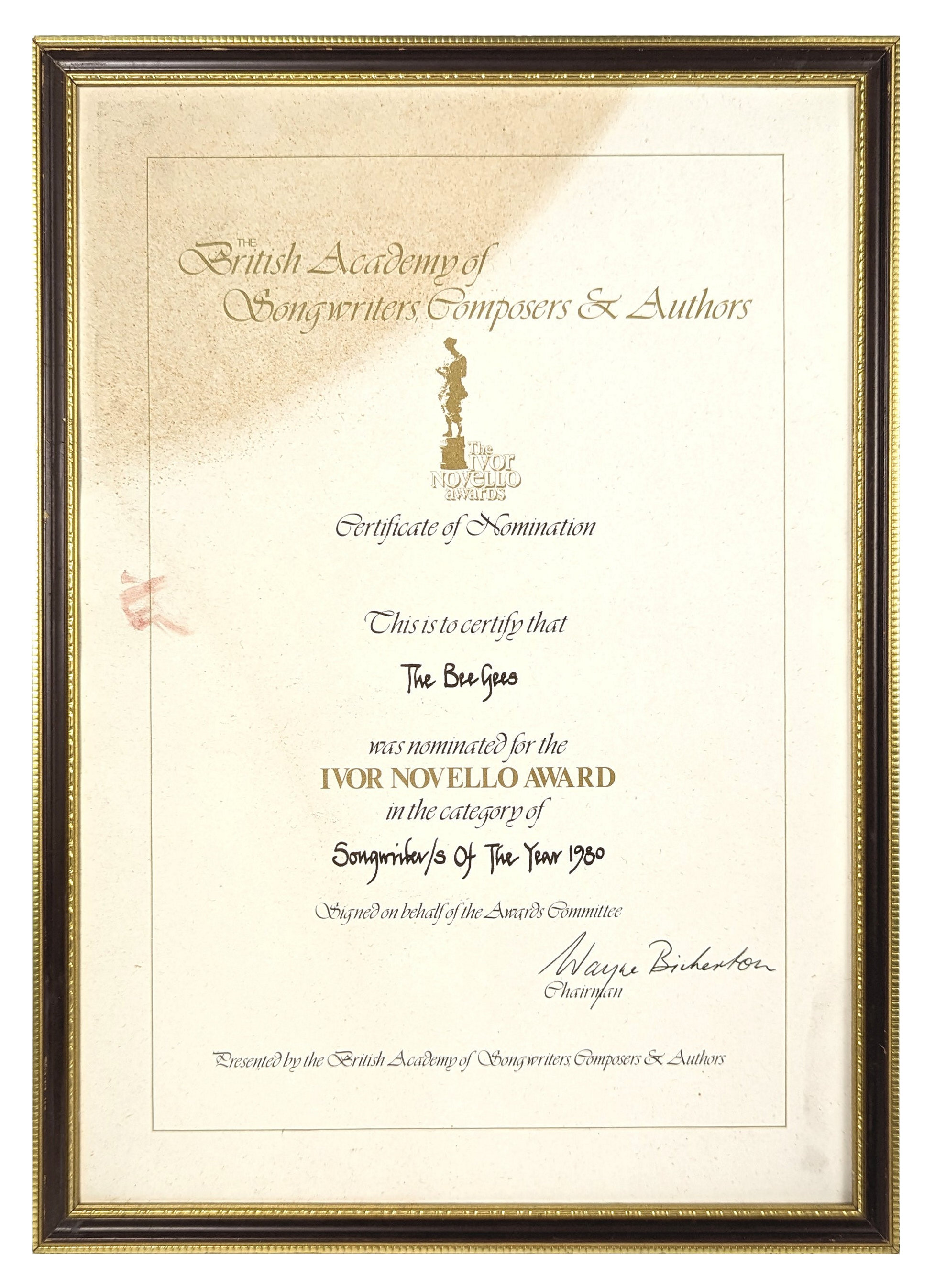 Bee Gees 1980 Songwriter/s of The Year Ivor Novello Award Nomination Certificate (UK)