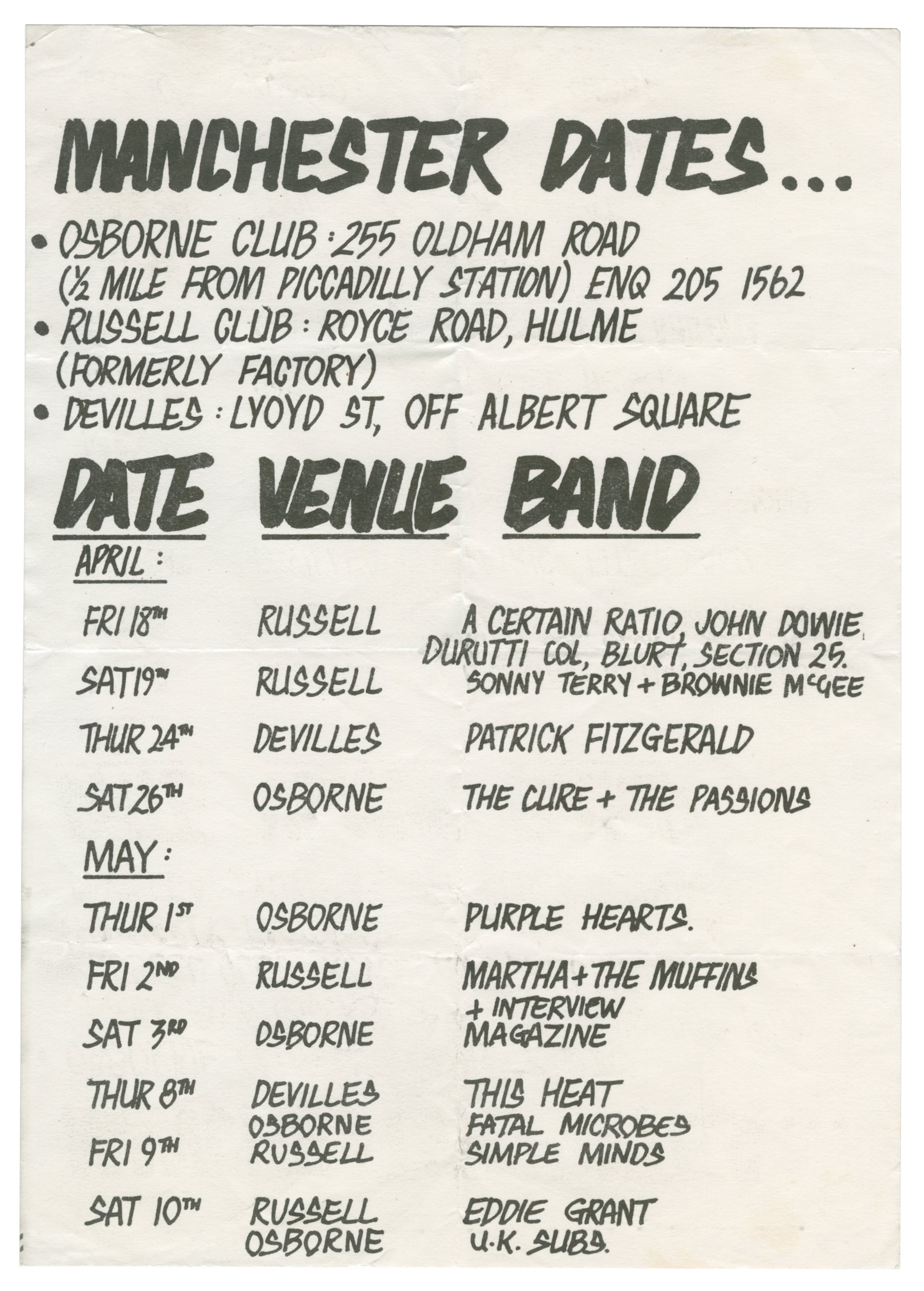 The Cure 1980 Russell Club Manchester Concert Handbill (UK)