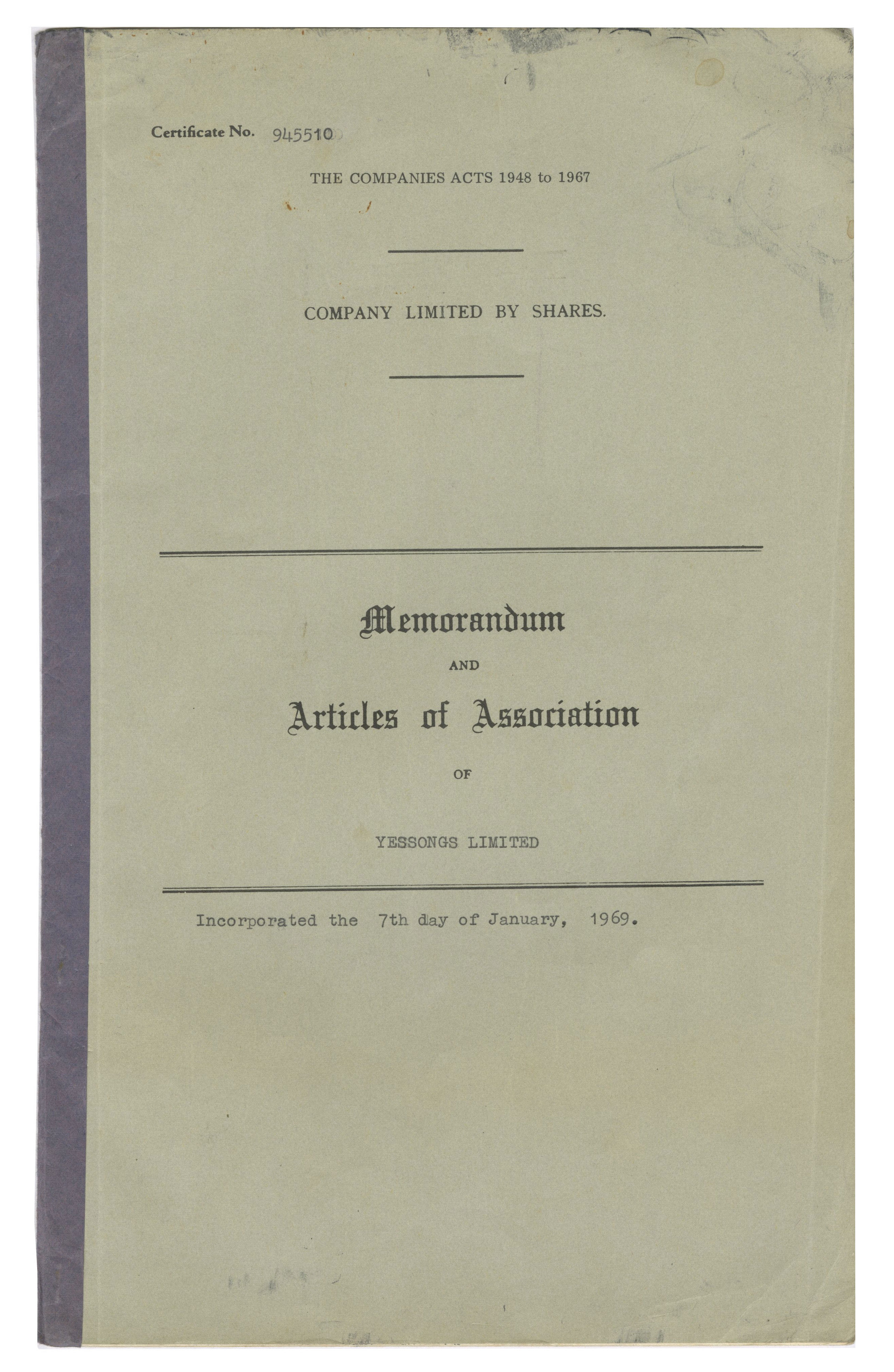 Yessongs 1968 Memorandum & Articles of Association (UK)