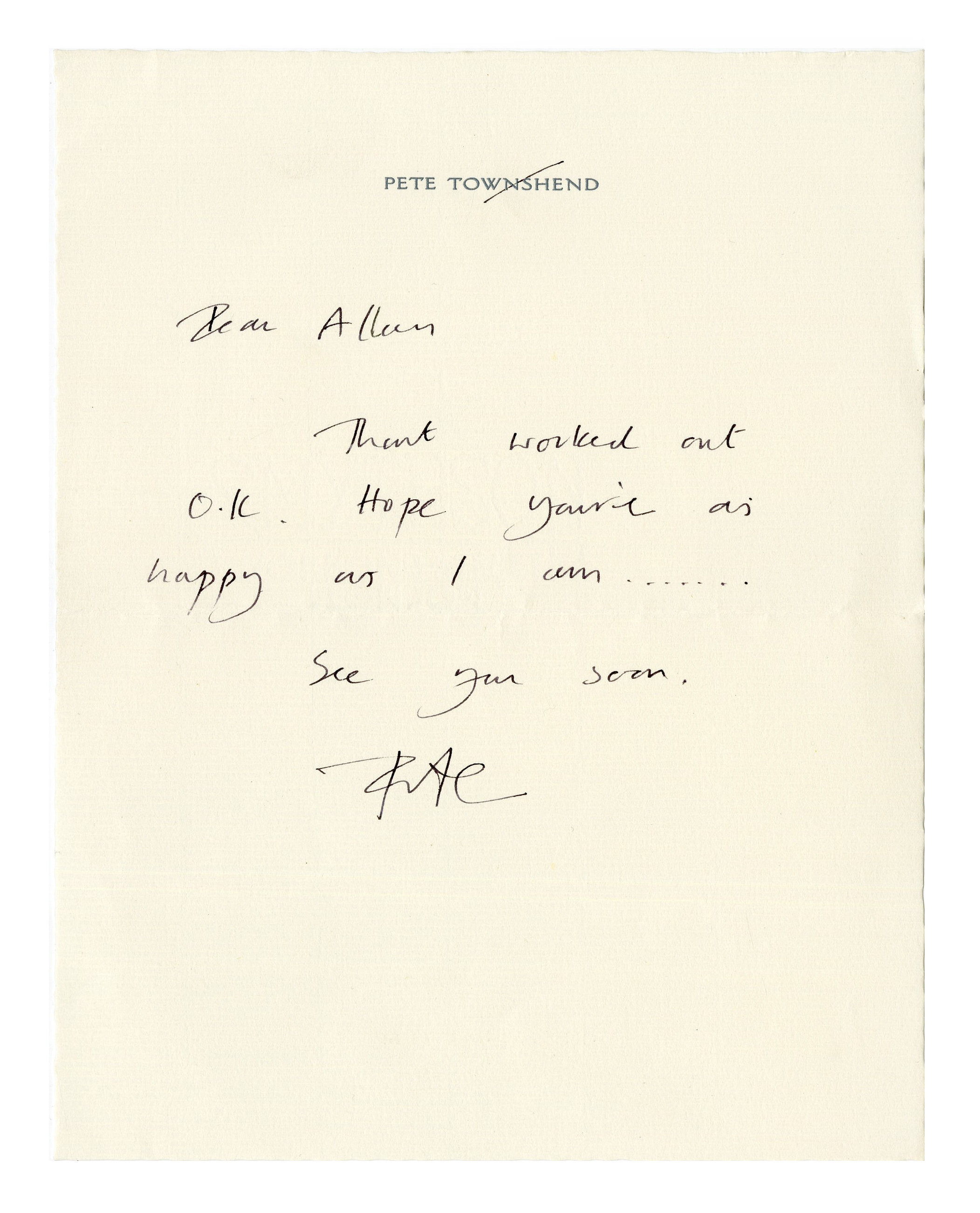 Pete Townshend Handwritten Letter (UK)