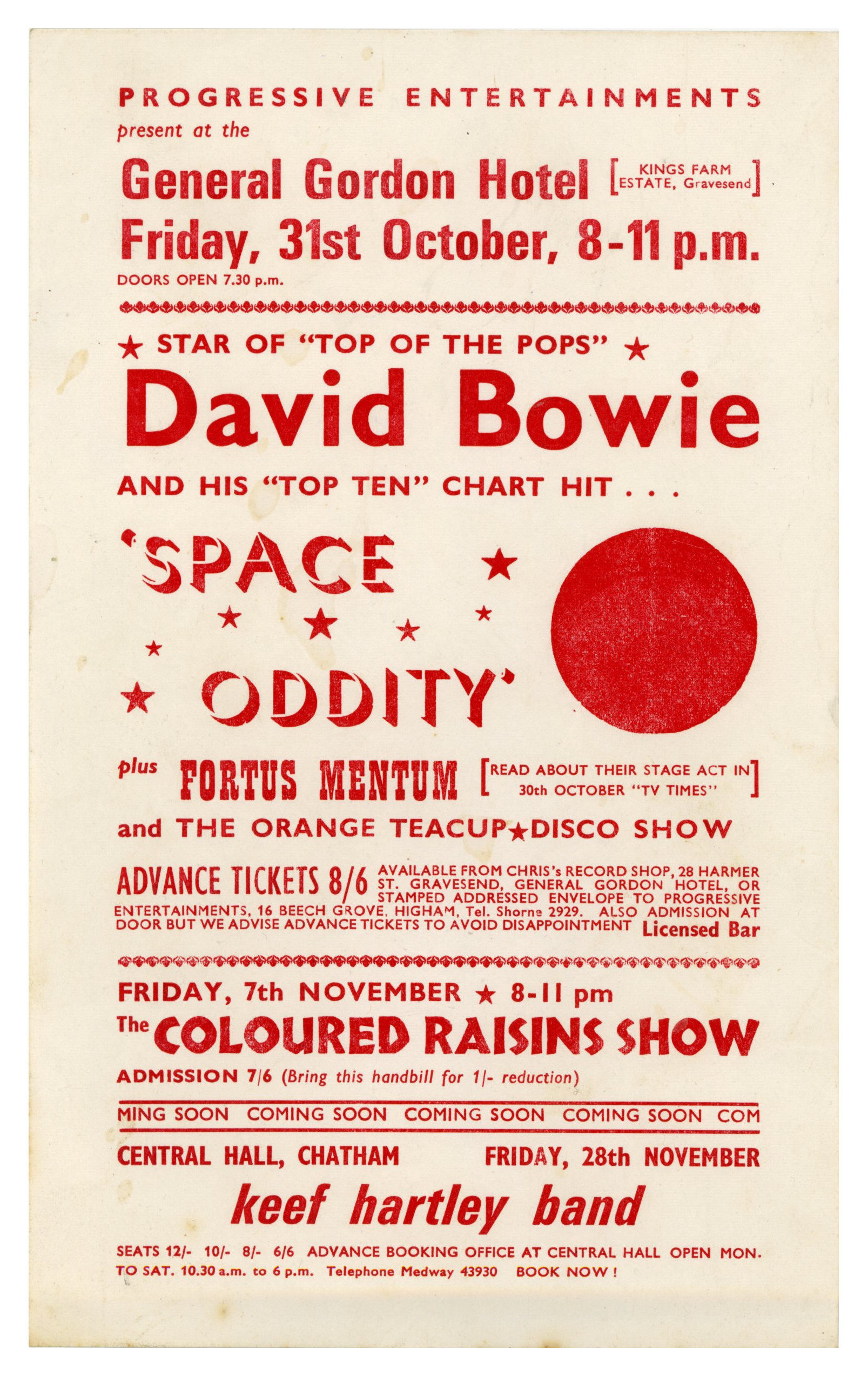 David Bowie 1969 General Gordon Hotel Gravesend Concert Handbill Flyer (UK)