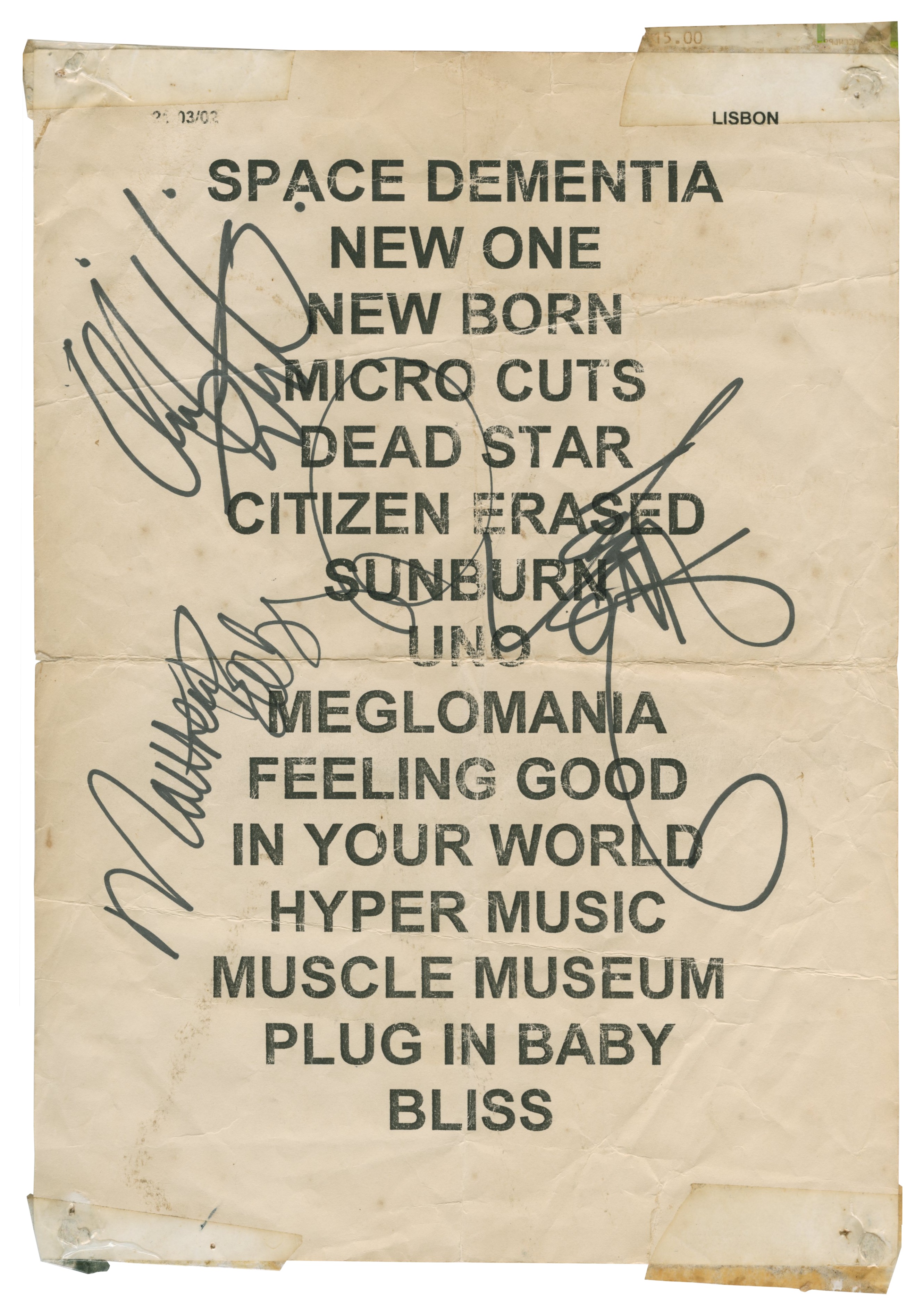 Muse Autographed 2002 Lisbon Set List (Portugal)