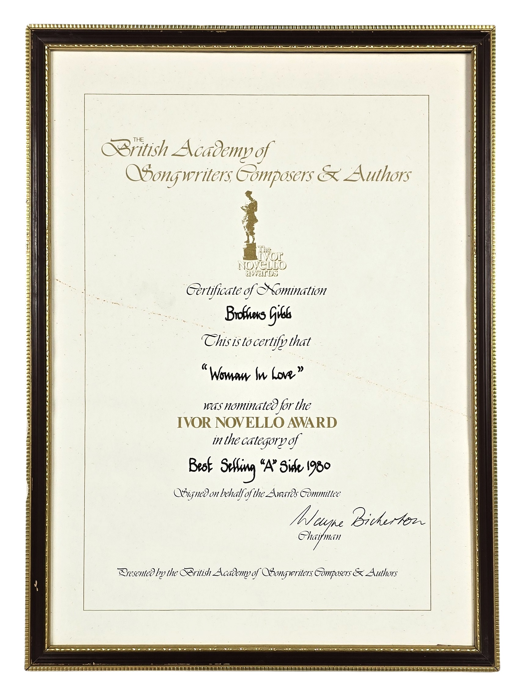 Brothers Gibb 1980 Bee Gees Woman In Love Ivor Novello Award Nomination Certificate (UK)