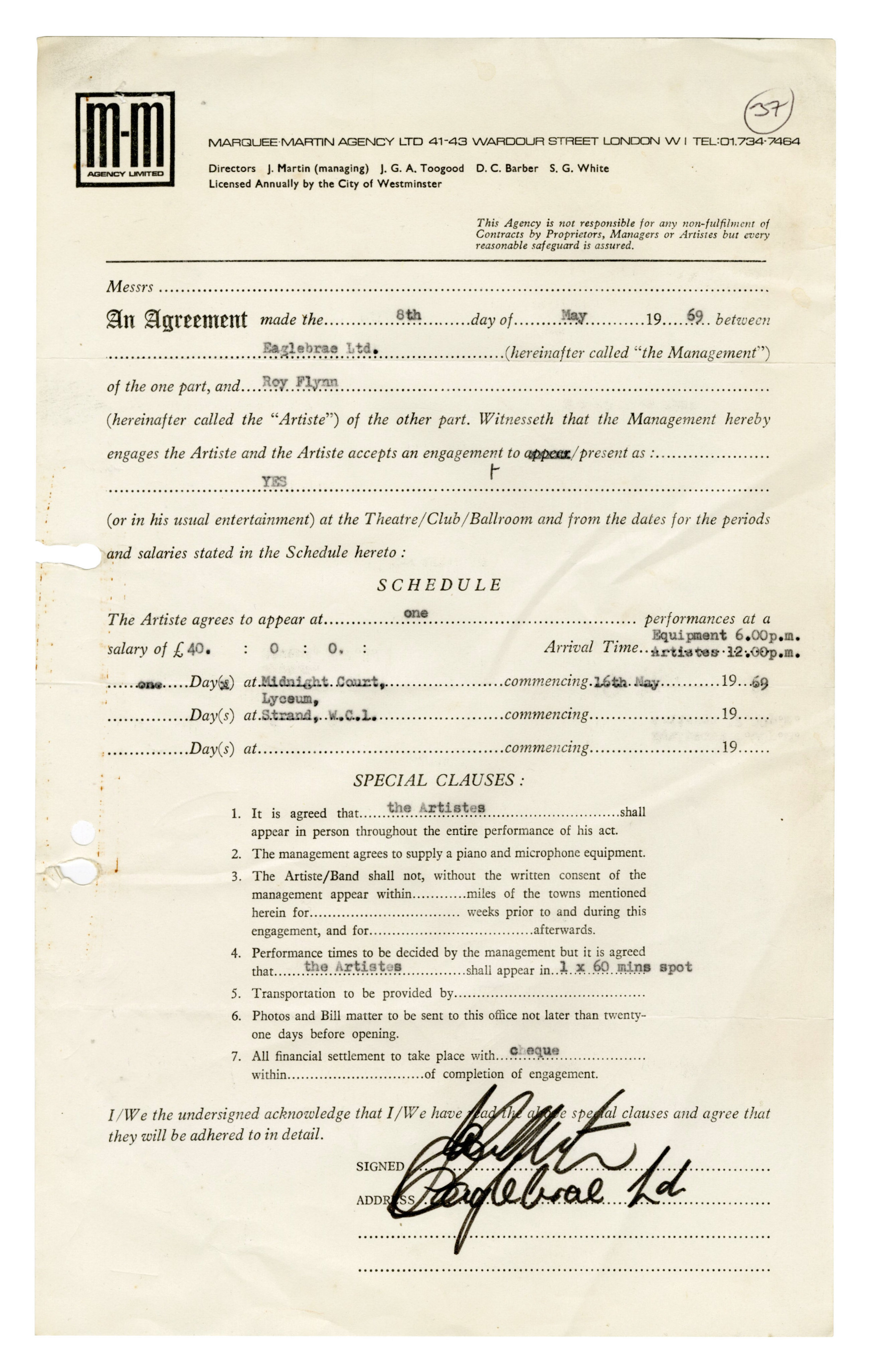 Yes 1969 Lyceum London Performance Contract (UK)