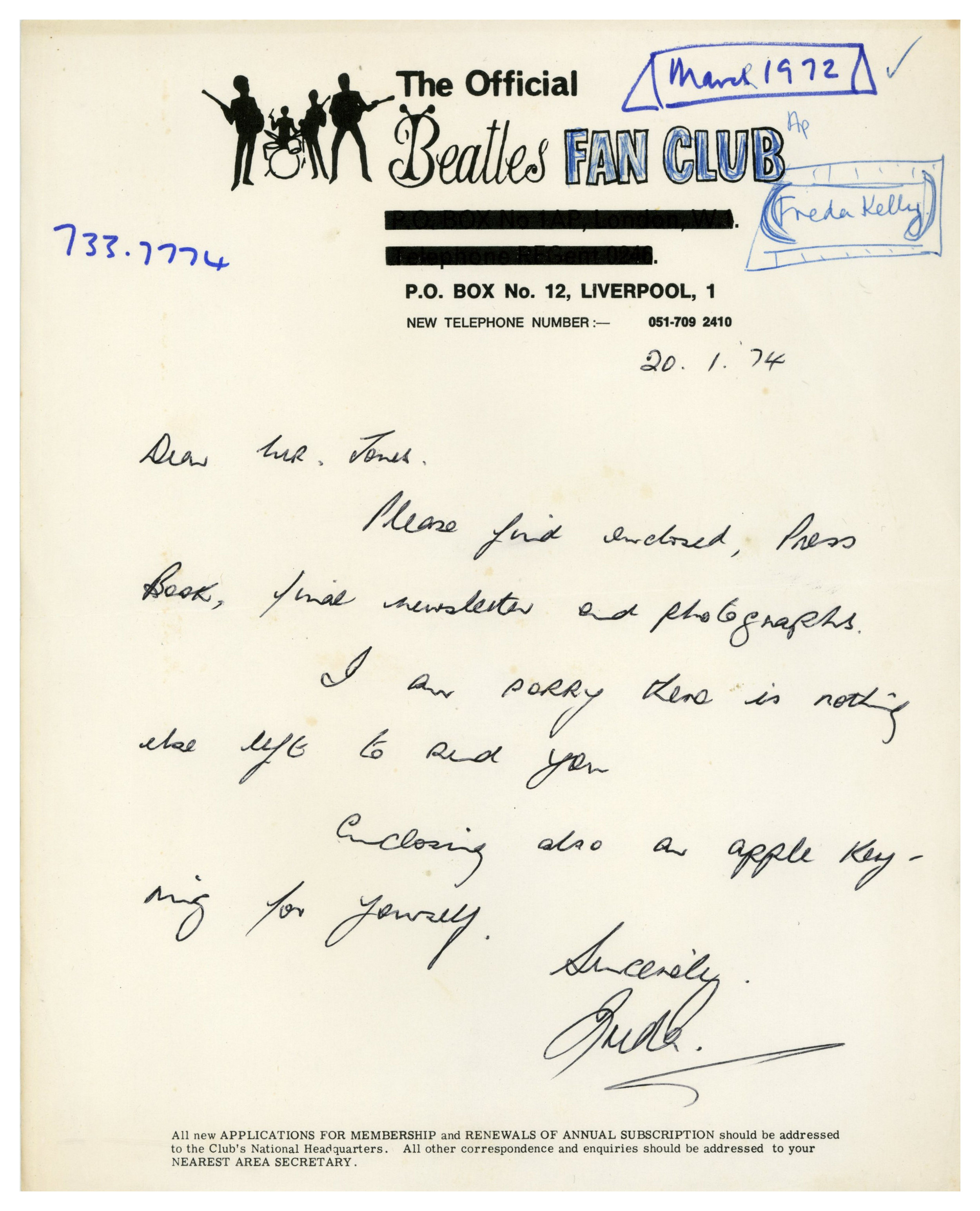 The Beatles 1970s Apple Records Promotional Key Ring And Letter From Freda Kelly (UK) - Image 2 of 2