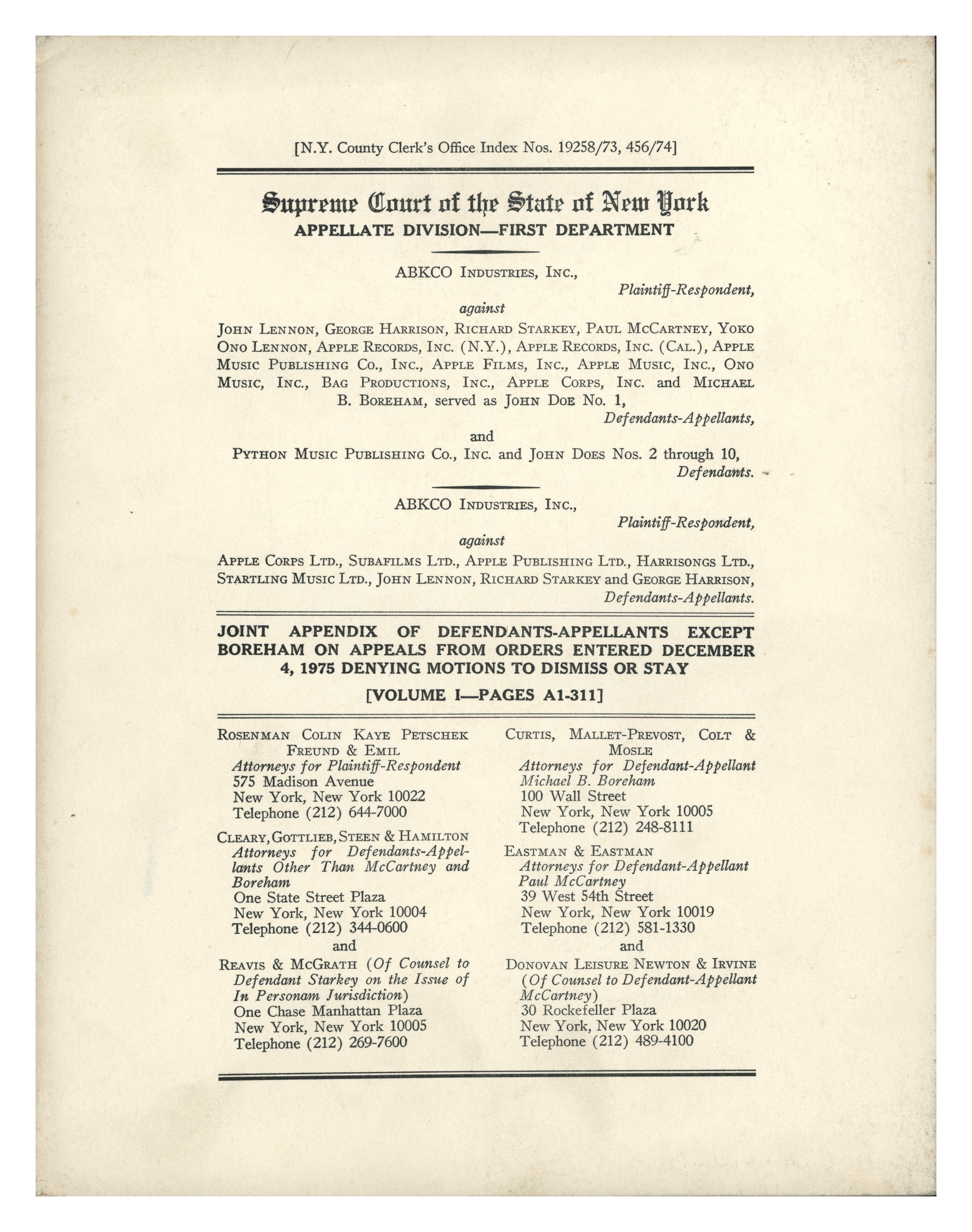 The Beatles Vs ABKCO Industries Appendix Of Defendants (USA)
