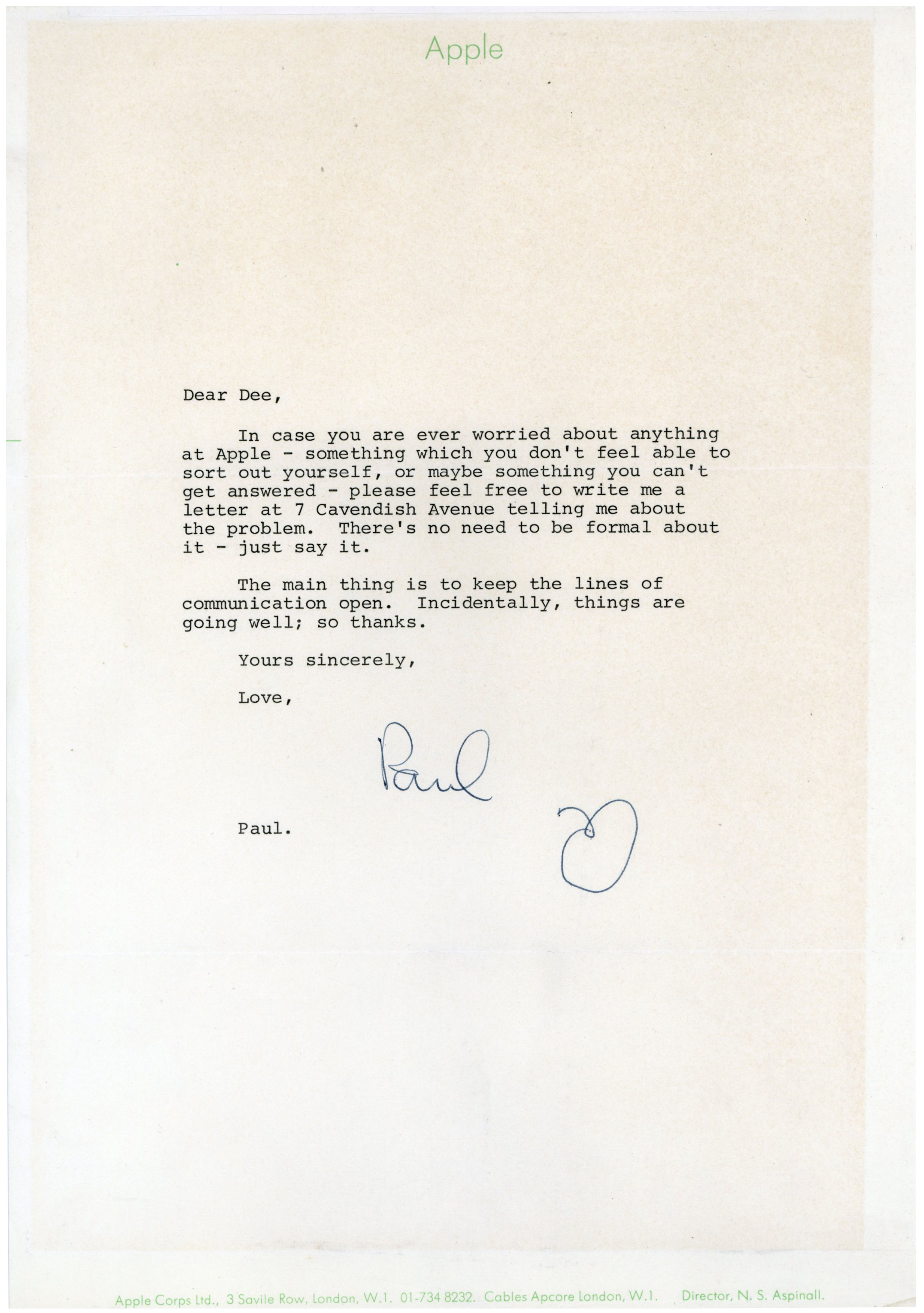 Paul McCartney Hand Signed Letter on Apple Headed Notepaper 1968 (UK)