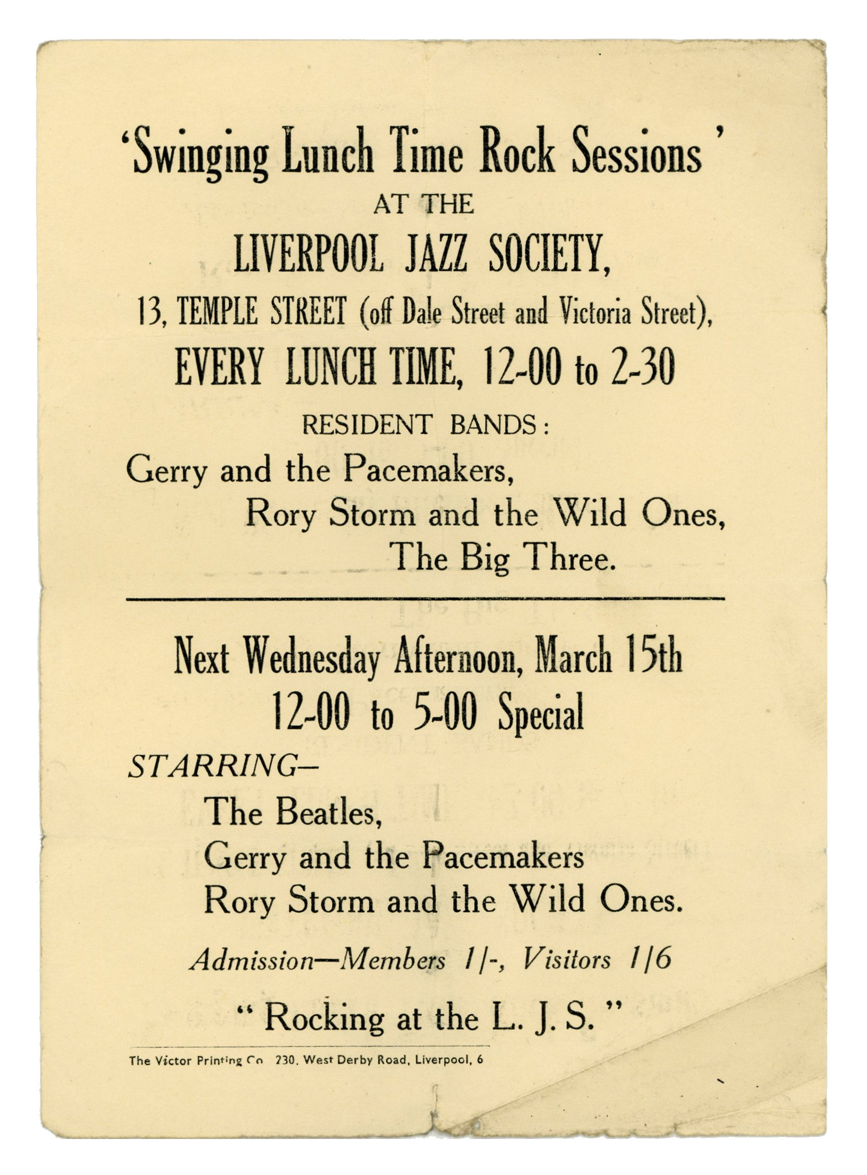 The Beatles 1961 Swinging Lunch Time Sessions Liverpool Jazz Society Handbill (UK) - Image 2 of 2