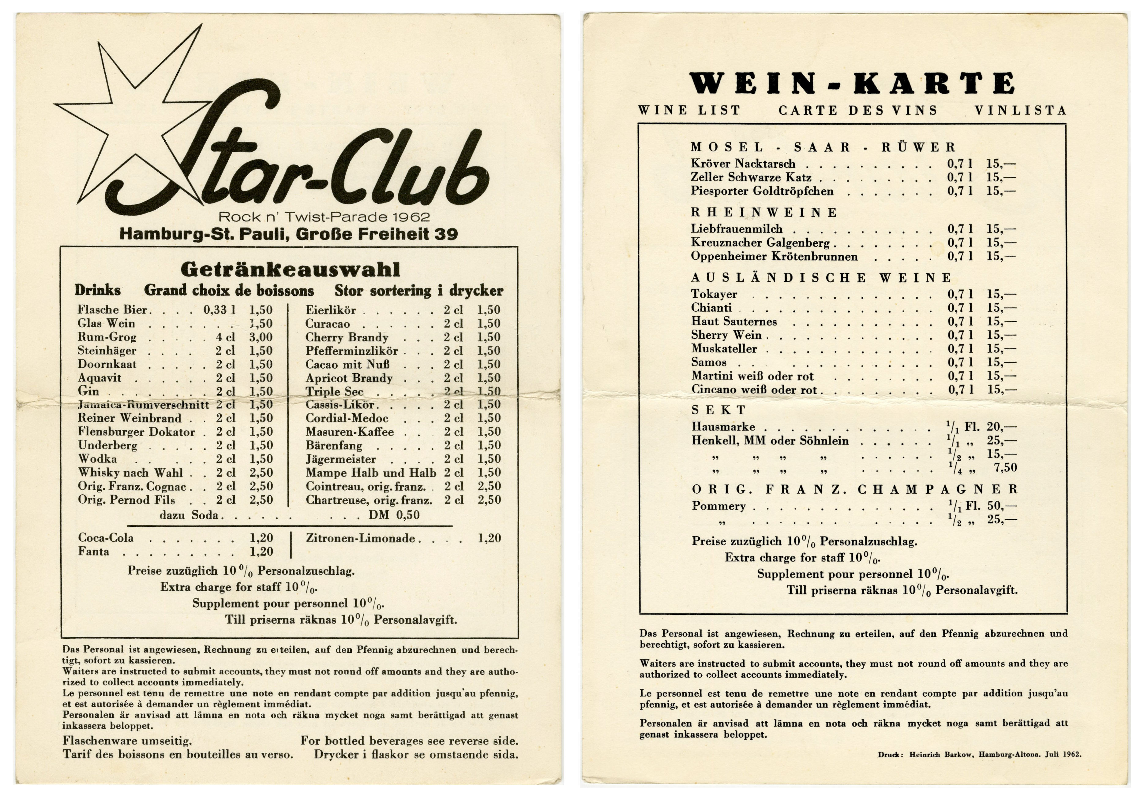 The Beatles 1962 Star Club Rock n’ Twist Parade Drinks Menu (Germany)