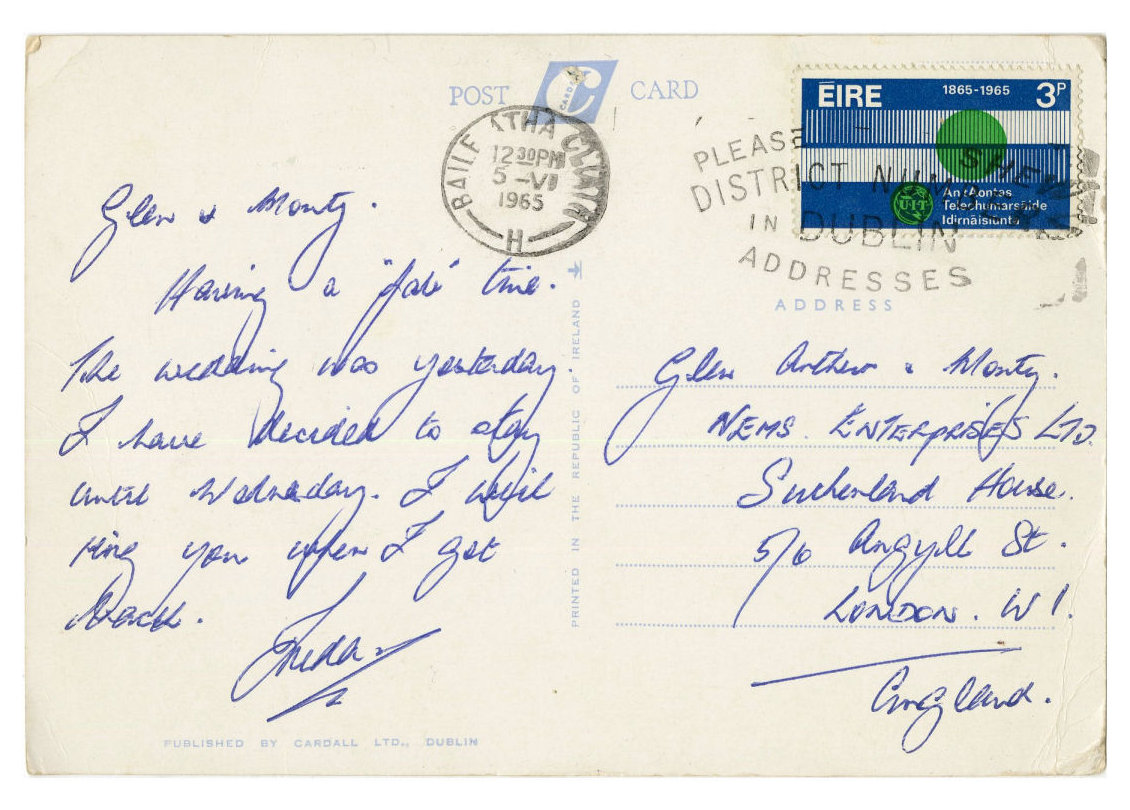 The Beatles Fan Club Secretary Freda Kelly 1965 Handwritten Postcard To NEMS (Ireland)