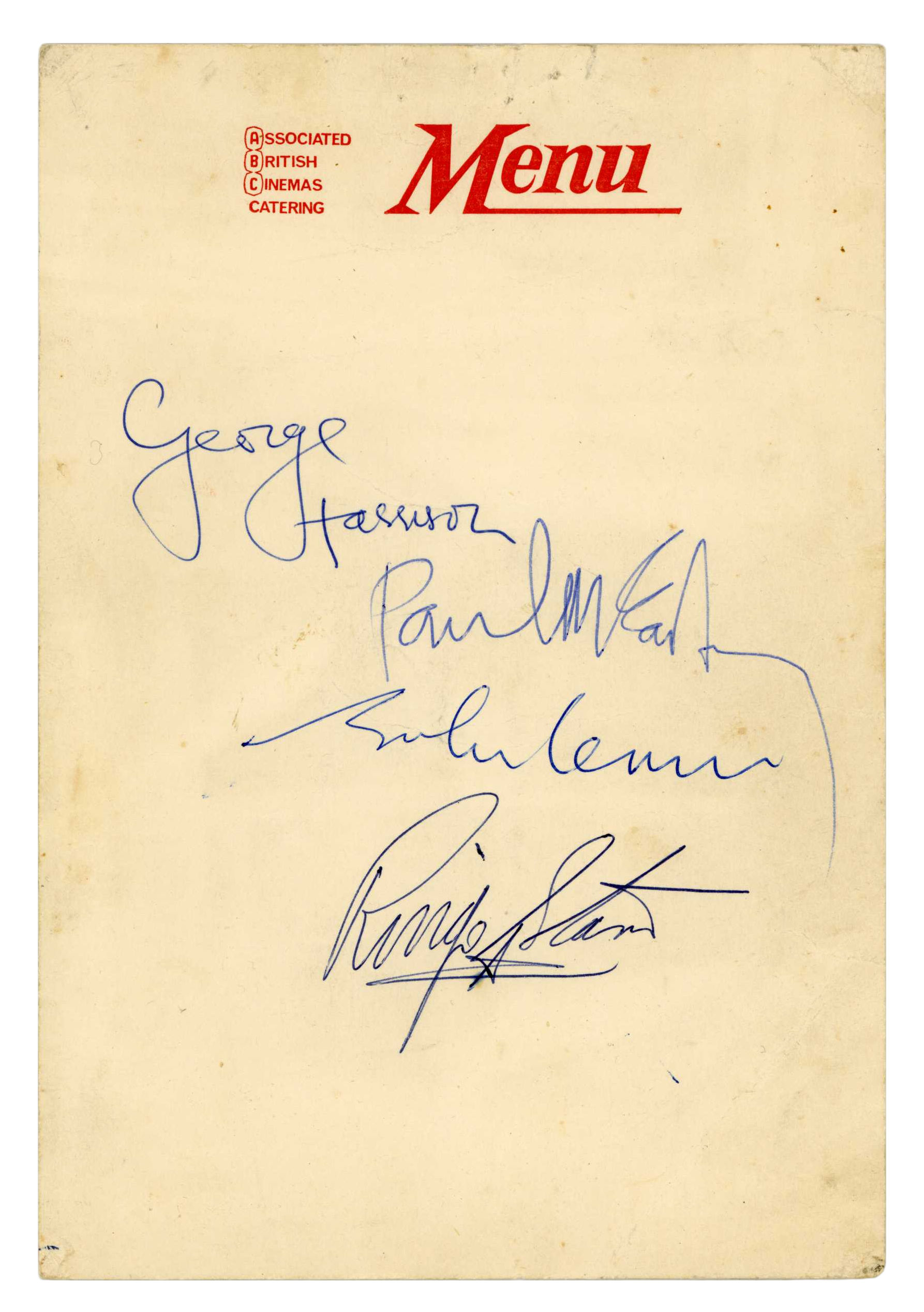 The Beatles 1963 Autographs ABC Cinema Menu Hull (UK)