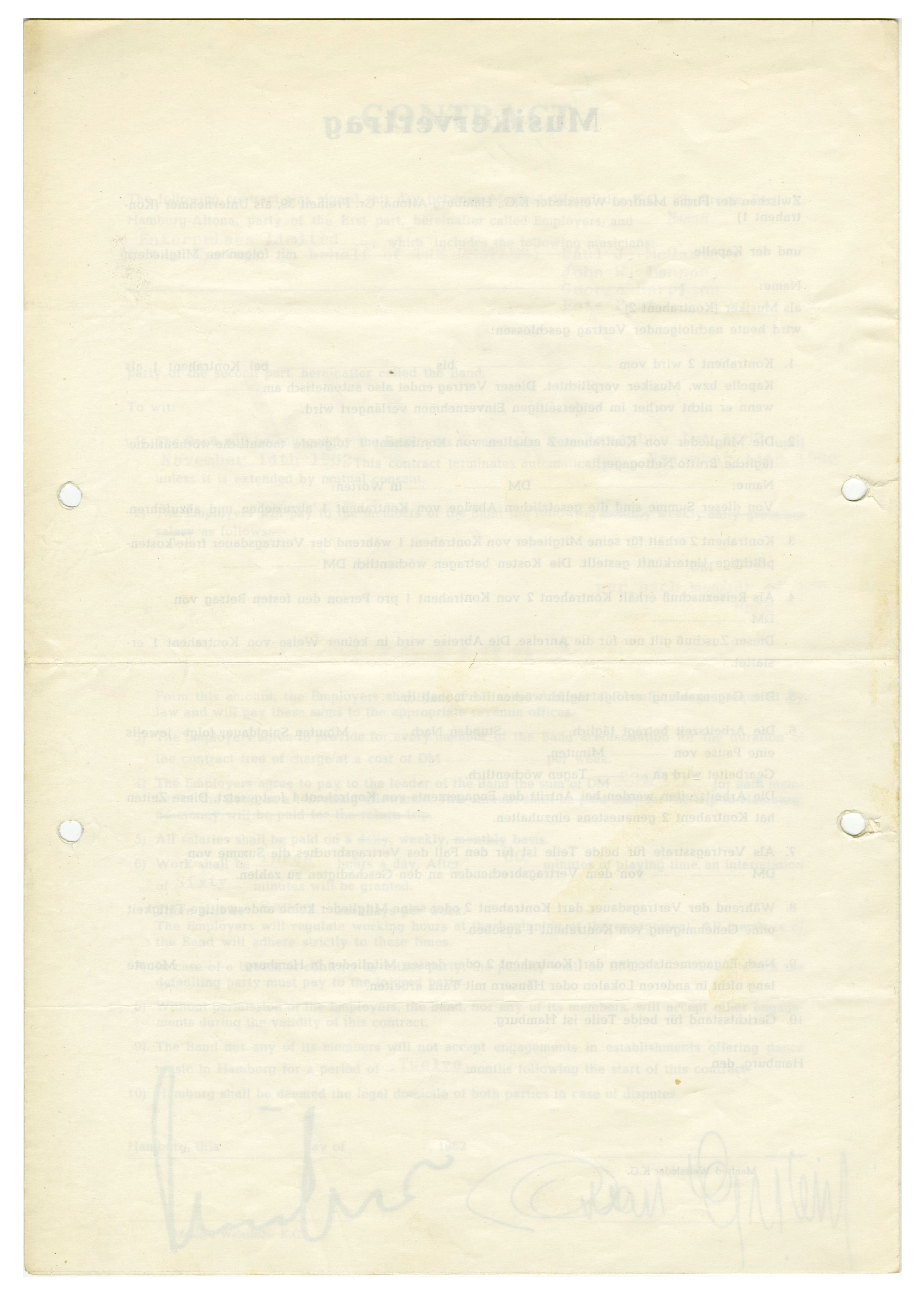 The Beatles November 1962 Star Club Contract Signed By Brian Epstein & Manfred Weissleder (Germany) - Image 3 of 3