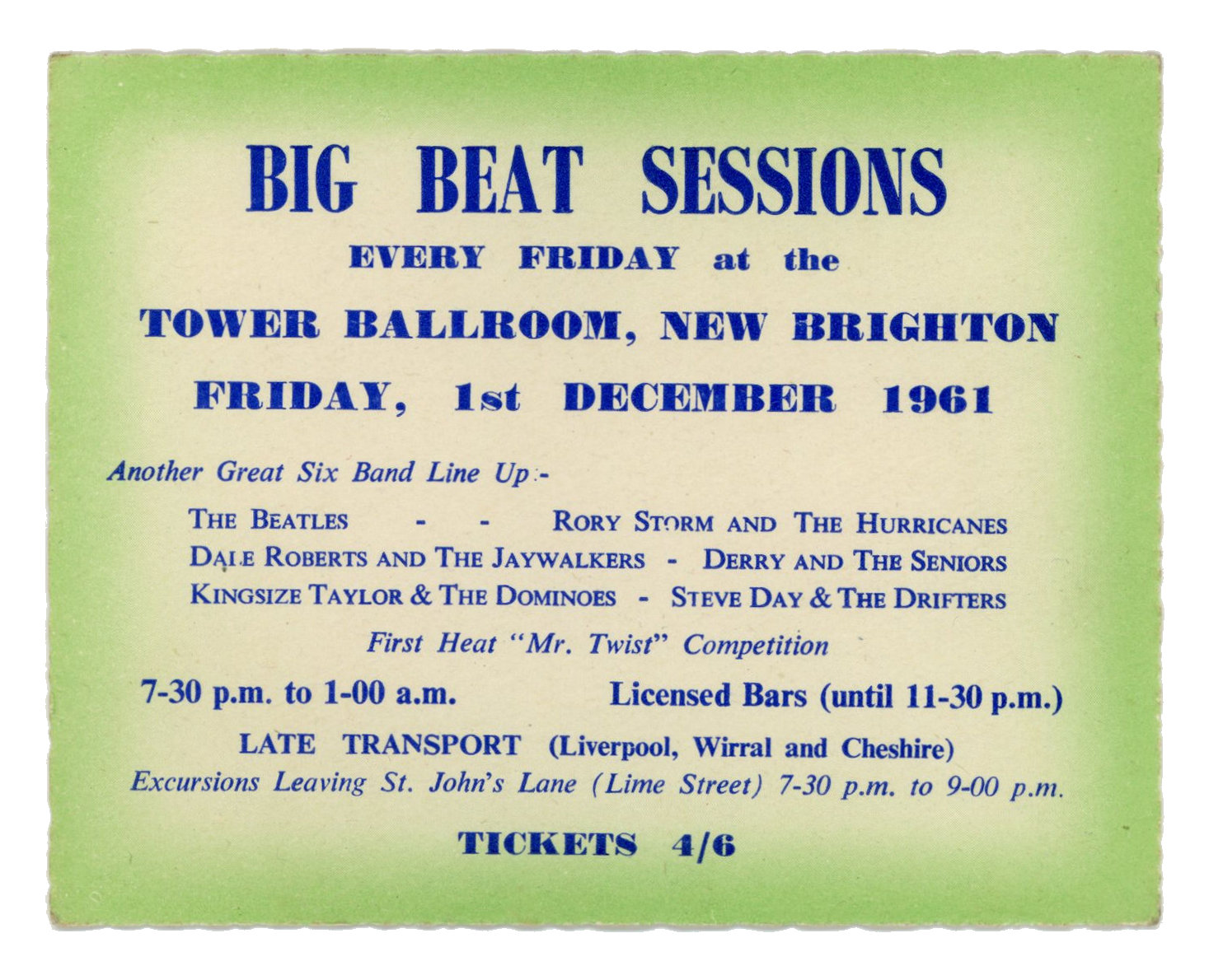 The Beatles 1961 Big Beat Sessions Tower Ballroom Complete Concert Ticket (UK)