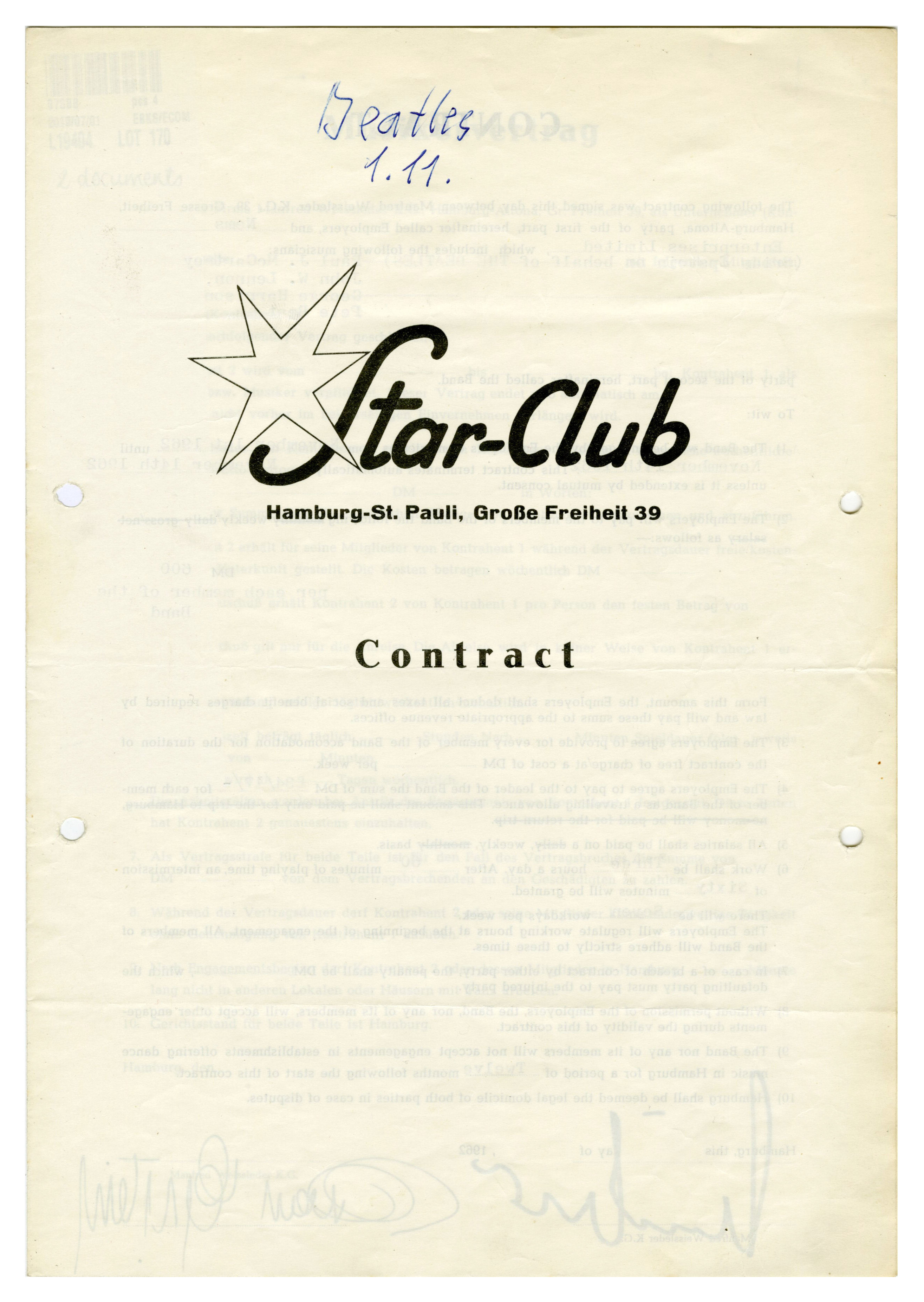 The Beatles November 1962 Star Club Contract Signed By Brian Epstein & Manfred Weissleder (Germany) - Image 2 of 3