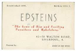 Brian Epstein Owned Late 1950s/Early 1960s Epstein’s Furniture Store Business Card (UK)