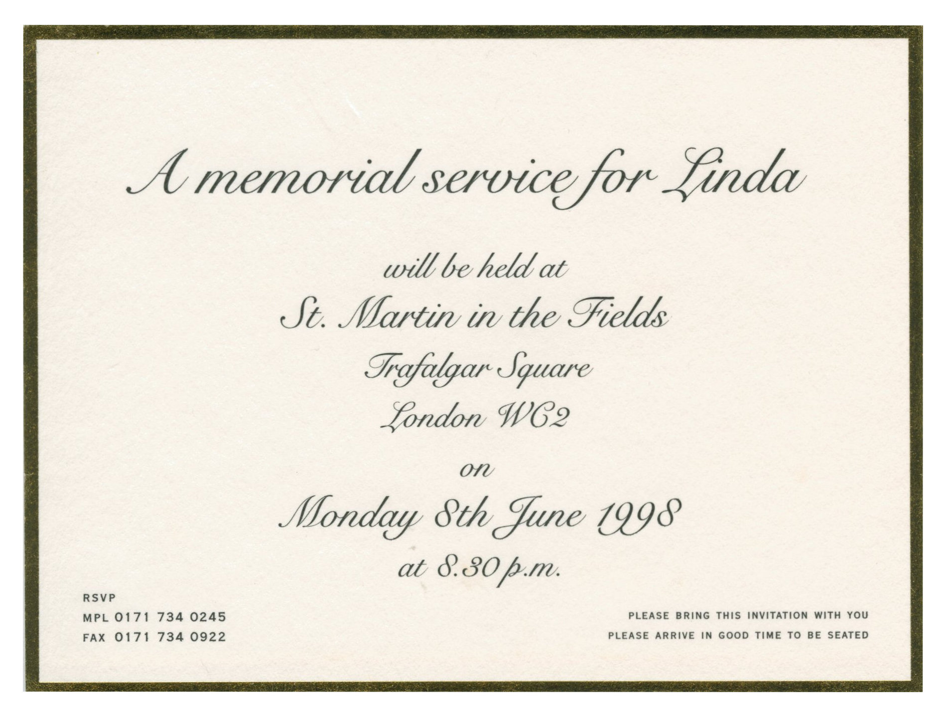Linda McCartney Memorial Service Invitation And Order Of Service Booklet (UK) - Image 3 of 3