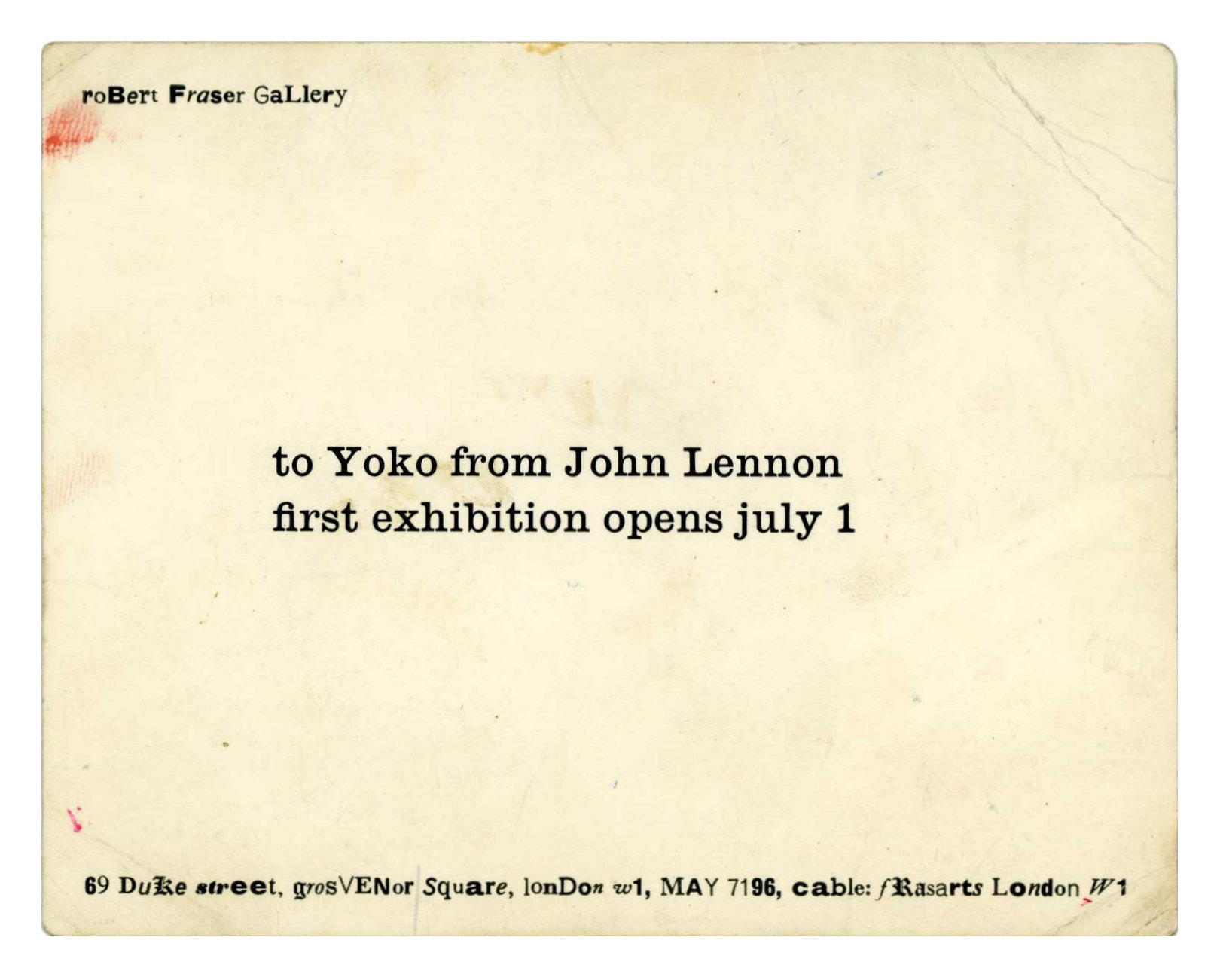 John Lennon And Yoko Ono Robert Fraser Gallery 1968 Exhibition Invitation (UK)