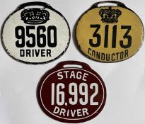Trio of 19th-century London horsebus drivers' and conductors' LICENCE BADGES. Double-sided, enamel