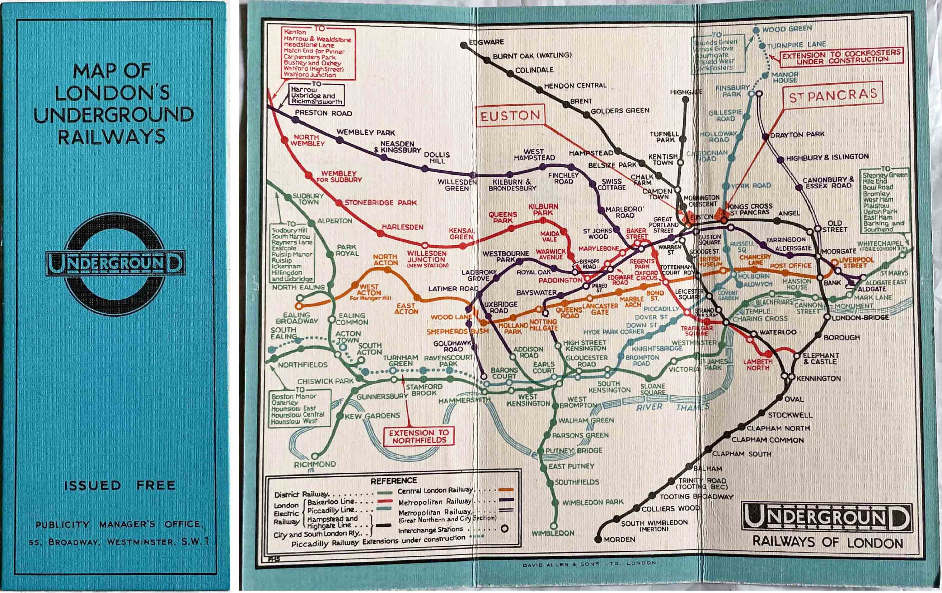 c1930 London Underground linen-card POCKET MAP from the Stingemore-designed series of 1925-32.