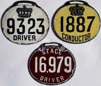 Trio of 19th-century London horsebus drivers' and conductors' LICENCE BADGES. Double-sided, enamel