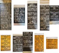 Selection (8) of old-style London Transport DESTINATION BLINDS comprising a section of a 1930s